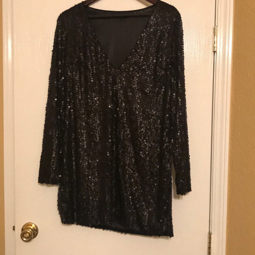 Black sequin mini dress with long sleeves